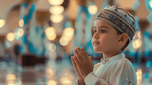 Photo a young muslim boy wearing a traditional cap is praying in a mosque