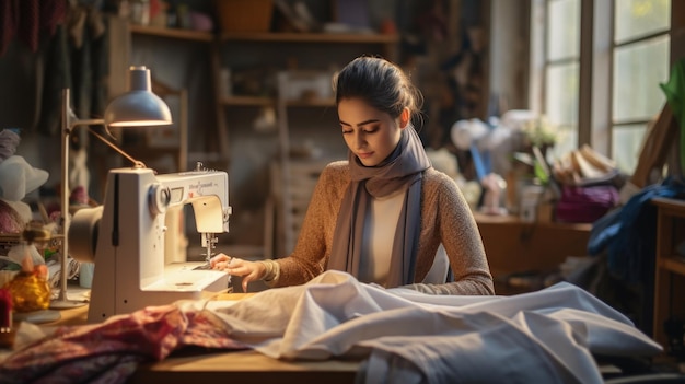 A young muslim fashion designer using sewing machine in her workshop