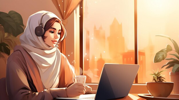 young muslim female student using laptop while sitting at table in cafe