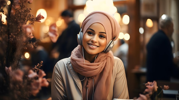 Young Muslim girl wearing hijab smiling and listening to music with headphones in a restaurant or cafe