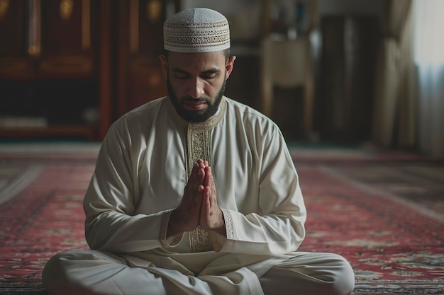 young muslim man praying in the mosque