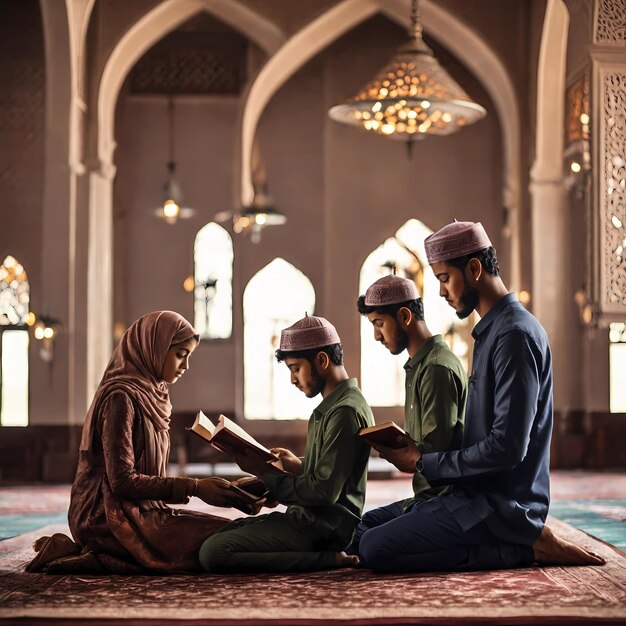 Young Muslim people reading holy Quran