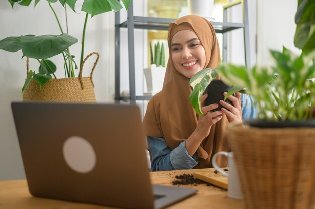 A young muslim woman entrepreneur working with laptop presents houseplants during online live stream at home