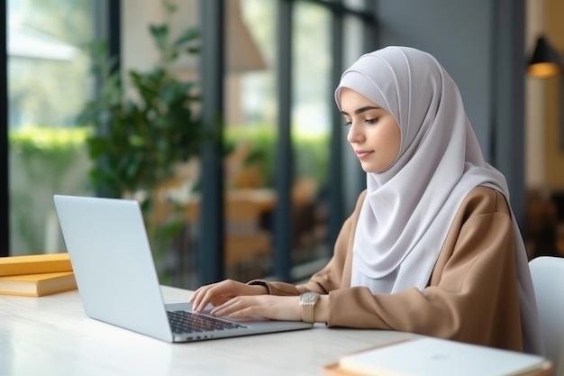Молодая мусульманка в сером хиджабе сидит за ноутбуком на фоне современного интерьера