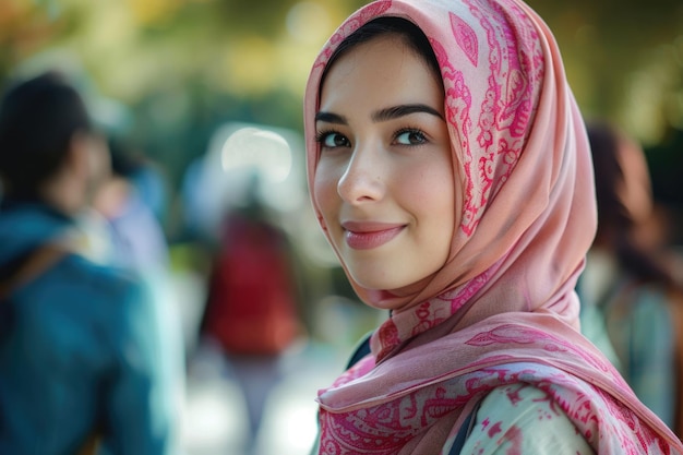 Photo young muslim woman in head scarf walk together