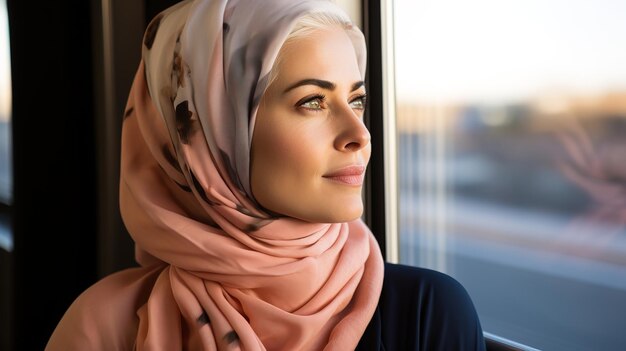 Фото Молодая мусульманка смотрит из окна общественного автобуса
