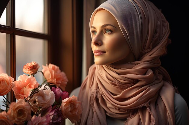 Young Muslim woman looking out of a window