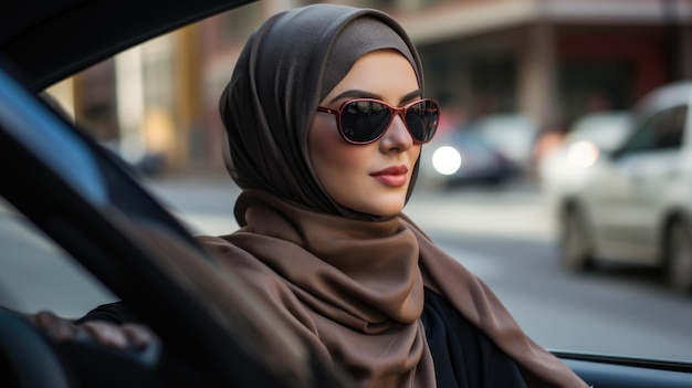 モダンな車に乗った若いイスラム教徒の女性ヒジャブを着て車を運転している女性