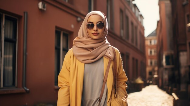 Photo young muslim woman modern islamic fashion on the street ai generated image