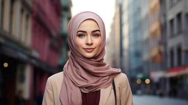 Foto giovane donna musulmana moda islamica moderna per strada immagine generata dall'ai