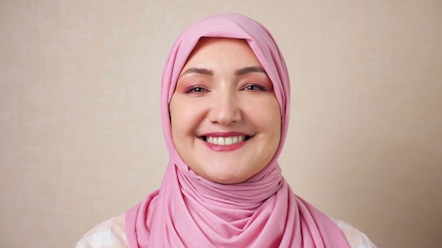 Giovane donna musulmana in foulard rosa che sorride guardando la telecamera