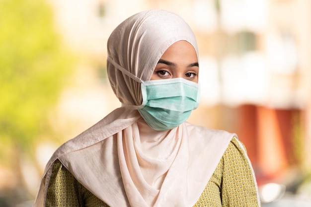 Young Muslim Woman Praying in Mosque With Surgical Mask and Gloves