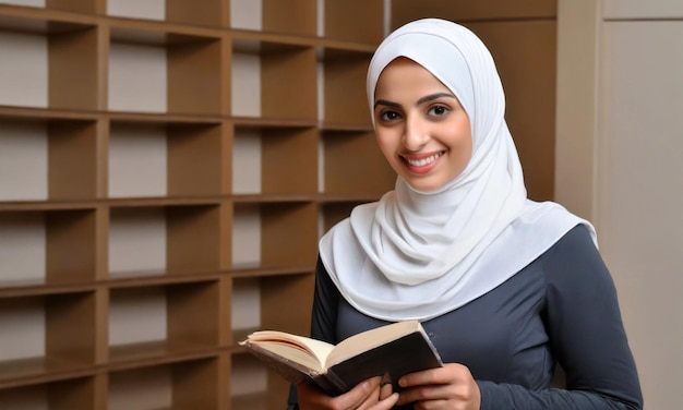 Photo young muslim woman reading a book in library