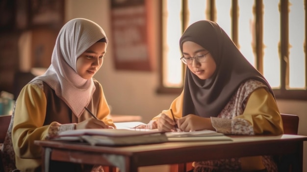 young Muslim woman studying in a classroom