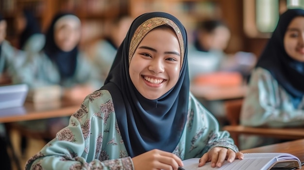 young Muslim woman studying in a classroom