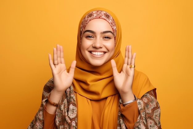 A young muslim woman wearing a hijab and a hijab is smiling and is waving her hands