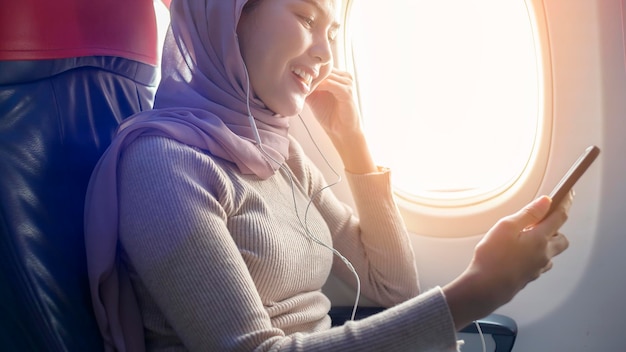 Young muslim woman wearing hijab using smartphone onboard travel and holidays concept