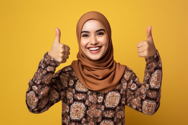 A young muslim woman with a brown hijab on her head smiles and shows a thumbs up