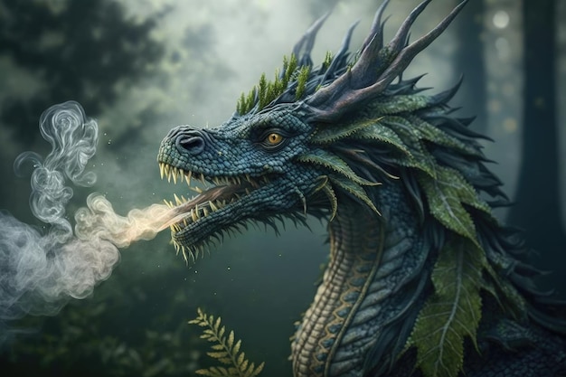 Young mystical forest dragon with smoke coming out of its mouth created with generative ai