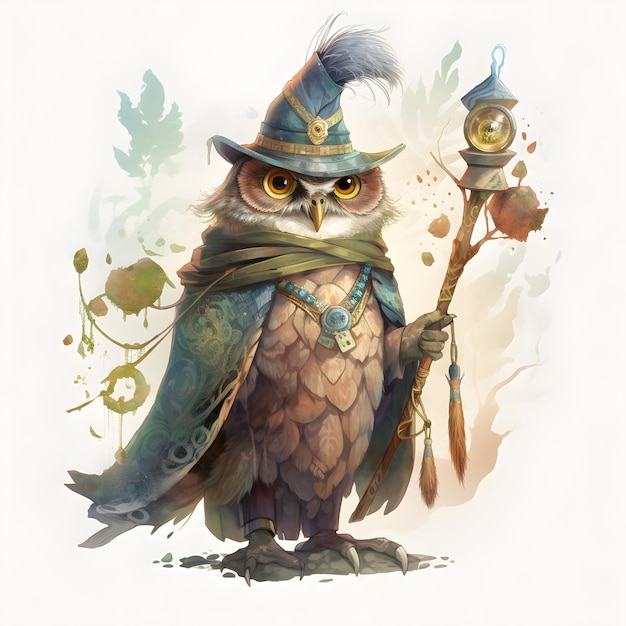 Young mystical wizard owl ai generative illustration