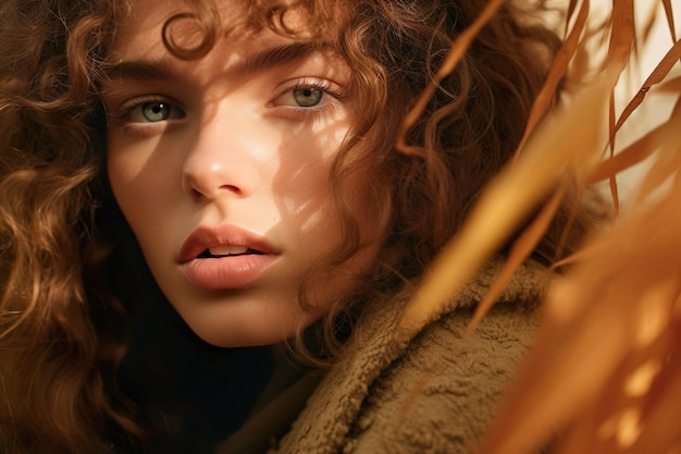 Young natural woman with curly hair posing in dry autumn grassfield