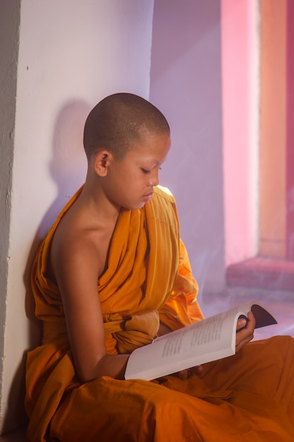 Young Novice monk reading a book at Ayutthaya historical park in Thailand