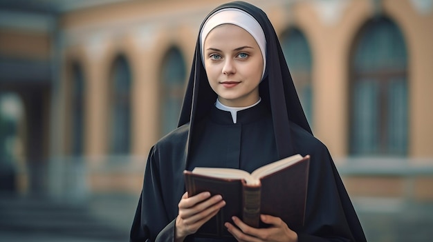 A young nun stands outside a building with a Christian symbol and a Bible GENERATE AI