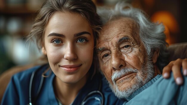 Foto giovane infermiera si occupa di un uomo anziano di assistenza sanitaria assistenza agli anziani a casa concept di infermiera caregiver