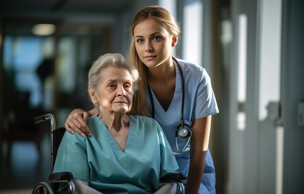 Photo young nurse caring for an elderly woman with disabilities in a wheelchair