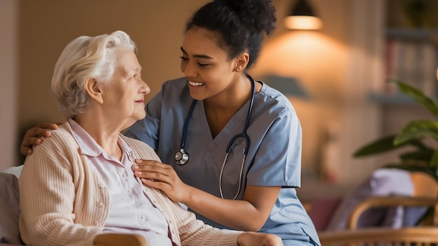 Young nurse and female senior in nursing home