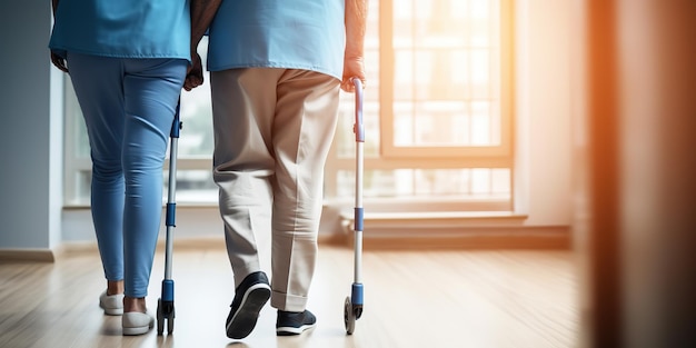 A young nurse helps an elderly man walk around the room holding his hand supporting him