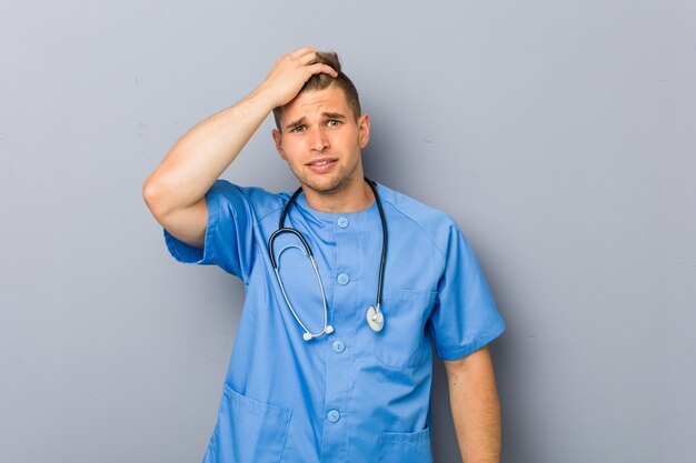 Young nurse man being shocked, she has remembered important meeting.