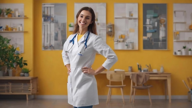 黄色いスタジオの若い看護師は陽気で自信を持ってOKのジェスチャーを示しています