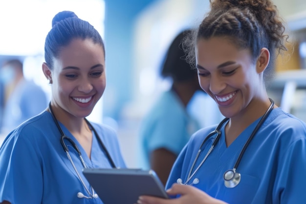 Photo young nurses two female young nurses having fun with tablet computer doctor nurse medicals men