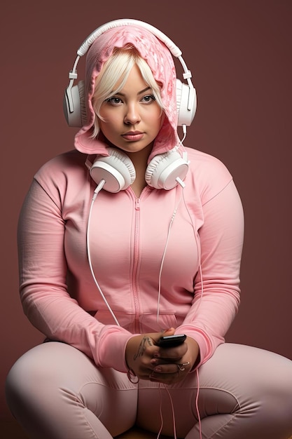 young obese woman performing exercise while wearing headphones