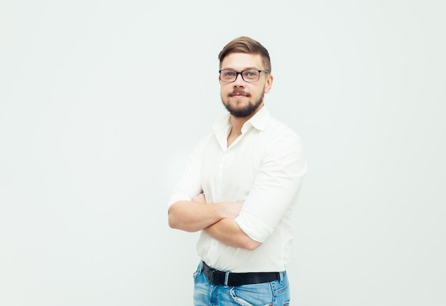 Young office worker wearing casual on grey