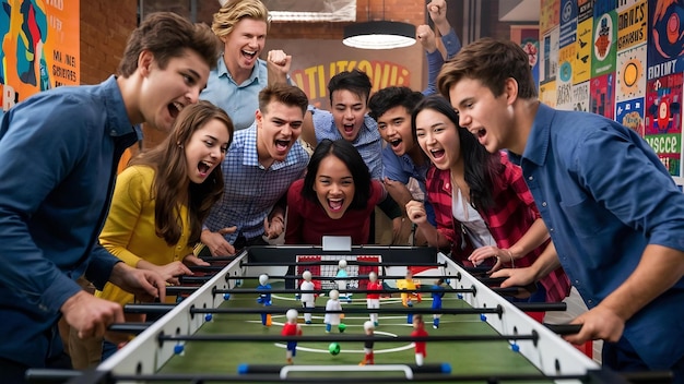 Photo young office workers playing table soccer