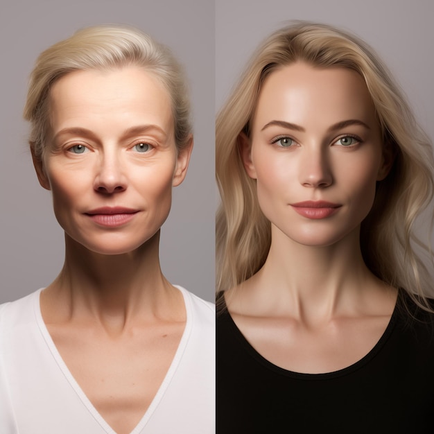 Photo young and old skin comparision of a model