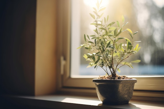 Photo young olive tree pot natural generate ai