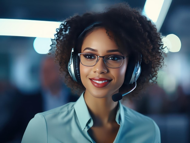 Young operator afro woman agent with headsets working in a call centre call center service
