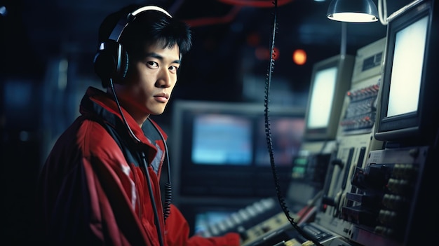 Photo a young operator wearing a red jacket and headphones in a control room his focused gaze capturing