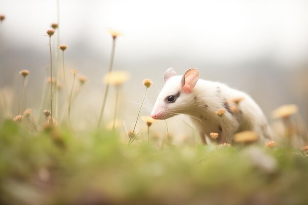 Young opossum exploring a meadow