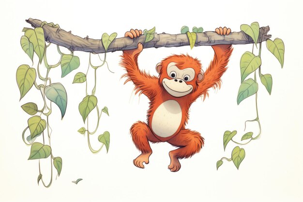 A young orangutan learning to climb a vine