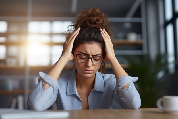 Foto giovane donna oberata di lavoro che soffre di mal di testa in ufficio