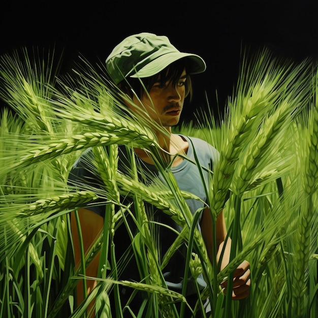 Молодой рис на зеленом поле
