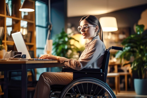 Young paralyzed woman in a wheelchair working at home at computer