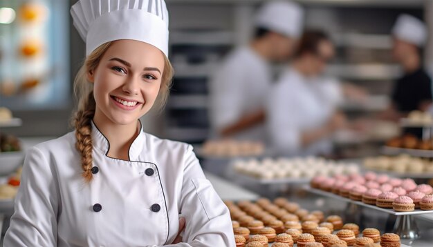 Young pastry chef at work kitchen Confectioner pastry shop with copy space Smiling pastry girl