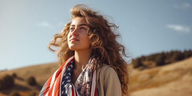 A young pensive traveler woman in casual clothes and a scarf with an American flag