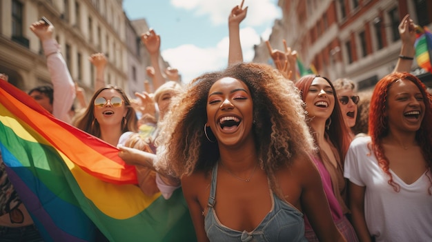 Young people celebrating gay pride outdoors with rainbow flag