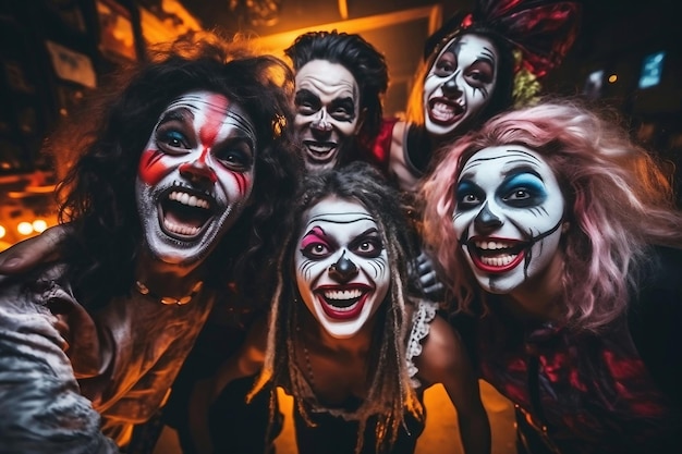 Молодые люди в костюмах празднуют Хэллоуин Группа молодых счастливых друзей в костюмах Хэллоуина веселятся на вечеринке в ночном клубе, изображая страшные лица Празднование Хэллоуина